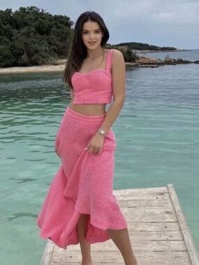 Zara Pink Tweed Maxi Skirt Set